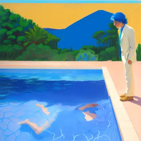 A man standing next to a swimming pool，A woman is swimming, David Hockney, inspired David Hockney, Stephen, Exquisite Art, A pop art painting, Surrealism, Pop Art, Inspired by Naxos Daphnis, Surrealism杰作, Amazing Art, Edward Hooper, Michael, artistic maste...