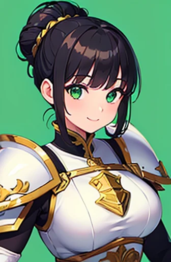 ((Masterpiece: 1.3)), ((Highest quality: 1.2)), ((Very detailed: 1.4)),
One Girl,
((Black Hair: 1.1)), ((Updo: 1.1)), Hair Bun,
((White Armor: 1.2)), (((Woman warrior))),
Green Eyes,
Smile,
((Simple Background: 1.1)).