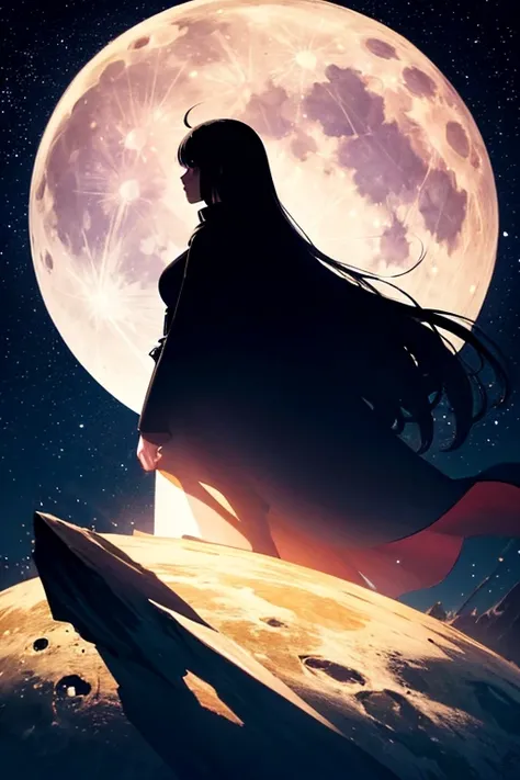 highest quality,Big moon and shadow,A silhouette of a person can be seen against the backdrop of a large moon.,There is one full moon,There is a mood,Beautiful scenery,Starry Sky