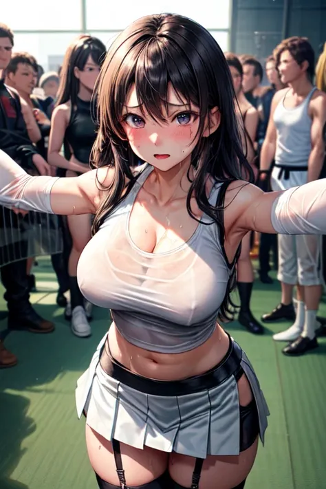 beautiful girl　Best Style　Fight the enemy　Shyness　Sweat　Black Leather Gloves　　Combat Uniform　Big Breasts　Light clothing　Martial Arts　Thin skirt　White Tank Top　black garter belt　Dirty face and clothes　White liquid all over the body　Black bra underneath a wh...