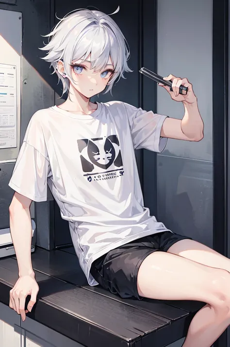 Cheeky handsome boy　Silver Hair　Cat Eyes　Piercings in both ears　Short sleeve shorts　Illustrated