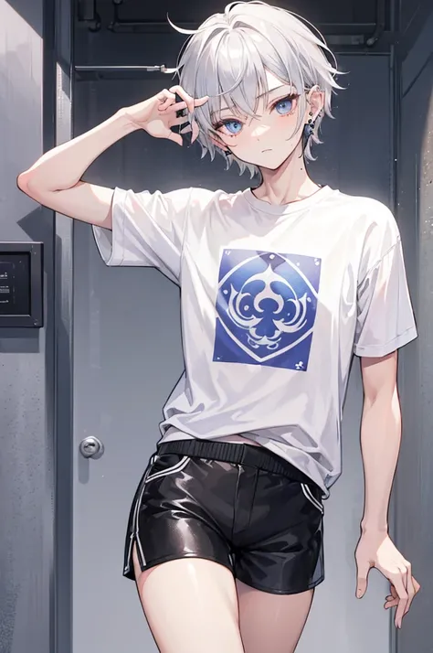 Cheeky handsome boy　Silver Hair　Cat Eyes　Piercings in both ears　Short sleeve shorts　Illustrated