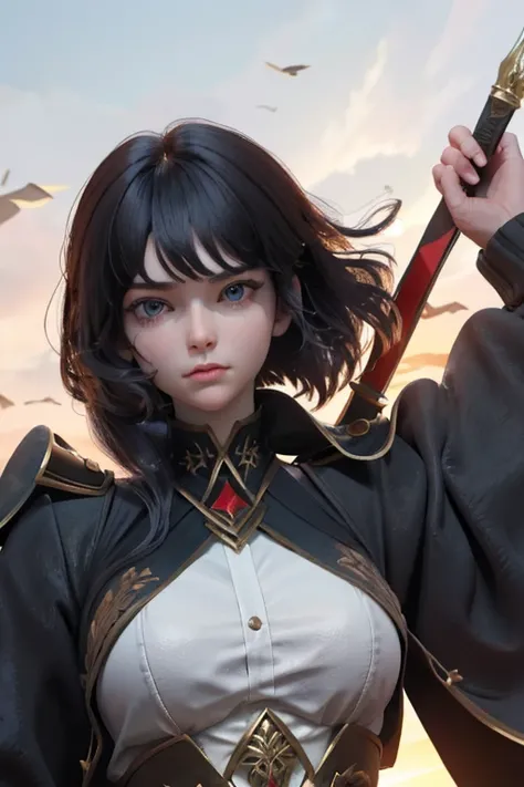 a woman in war dress, her hair color is dark, her hair is loose and moving, her face is beautiful, she has a sword in her hand (hands are not wrong) She is in motion,