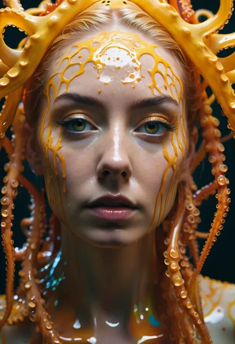 8K, ARTISTIC photogrAphy, best quAlity, mAsterpiece: 1.2), A (potrAit:1.2)  witch  Cthulhu FLAT  QUEEN, ORANGE many octopus style tentacles, full body RAW candid cinema, yellow hair, 16mm, color graded portra 400 film, remarkable color, ultra realistic, sa...