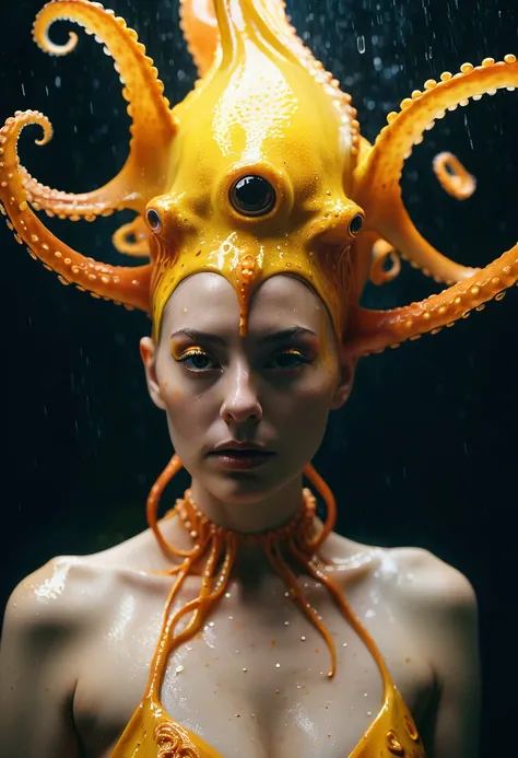 8K, ARTISTIC photogrAphy, best quAlity, mAsterpiece: 1.2), A (potrAit:1.2)  witch  Cthulhu FLAT  QUEEN, ORANGE many octopus style tentacles, full body RAW candid cinema, yellow hair, 16mm, color graded portra 400 film, remarkable color, ultra realistic, sa...