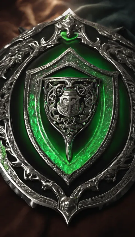 Silver black shield with green aura, dark weapon, magic aura, terrifying weapon. laydown on carpet background. 