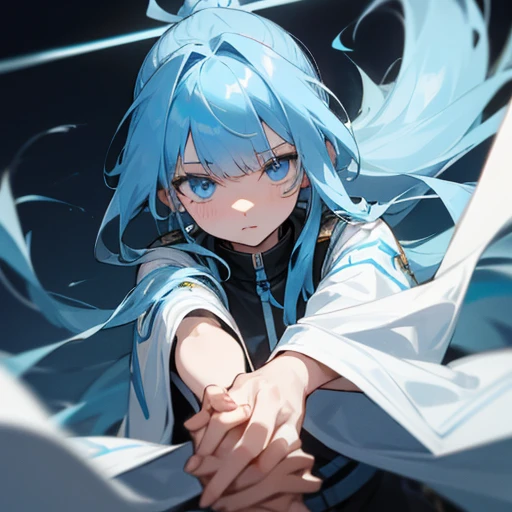 A blue-eyed angel boy with long blue hair in a ponytail with bangs that expose one eye and one eye that is hidden by a bang, and a blue-eyed and long-haired angel girl are holding hands