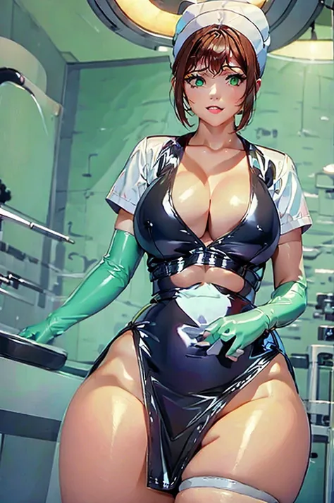 nurse uniform,hospital, latex nurse suit,nurses,busty,elbow gloves,labcoat,dark green hair woman,white eyes , gigantic ,medical instruments,asian nurse,two nurses,speculum,examination room,oversize ,big ass ,strap on, lay on table ,legs spreaded,giving bir...