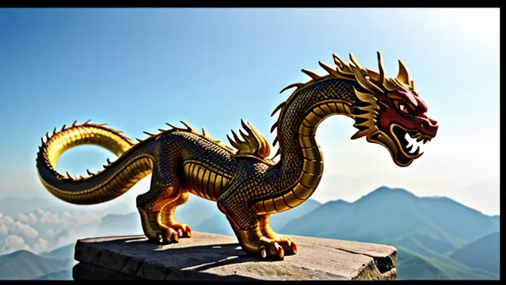 Chinese Dragon、gold、Snake Shape、No wings、fly in the sky、whole body