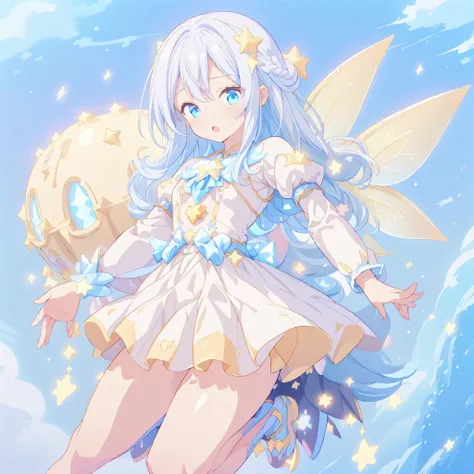 1girl,Ultra-fine、Super beautiful、masterpiece、highest quality、Masterpiece、Official Art、16k、(((Ride a star-shaped flying vehicle　Star Fairy)))、Milky white and blue gradient long hair,purifierai,kawaii tech,