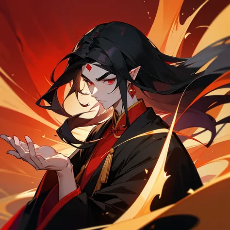 Handsome young man, slim build, pale complexion, long black hair loosely waved in an ancient Chinese hairstyle, pointed ears, red eyes, thick eyebrows, red and black clothes of an ancient Chinese imperial prince, golden jewelry with red gems.