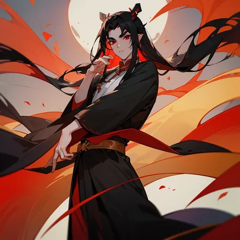 Handsome young man, slim build, pale complexion, long black hair loosely waved in an ancient Chinese hairstyle, pointed ears, red eyes, thick eyebrows, red and black clothes of an ancient Chinese imperial prince, golden jewelry with red gems.