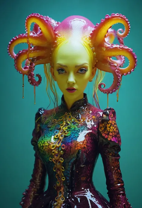 8K, ARTISTIC photogrAphy, best quAlity, mAsterpiece: 1.2), A (potrAit:1.2)  witch BLOOD Toon Doll  Cthulhu   QUEEN, RAINBOW many octopus style tentacles, full body RAW candid cinema, yellow hair, 16mm, color graded portra 400 film, remarkable color, ultra ...