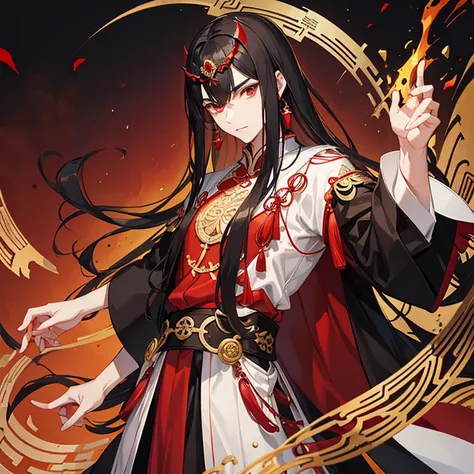 Handsome young man, slim build, pale complexion, long black hair loosely waved in an ancient Chinese hairstyle, pointed ears, red eyes, thick eyebrows, red and black clothes of an ancient Chinese imperial prince, golden jewelry with red gems.