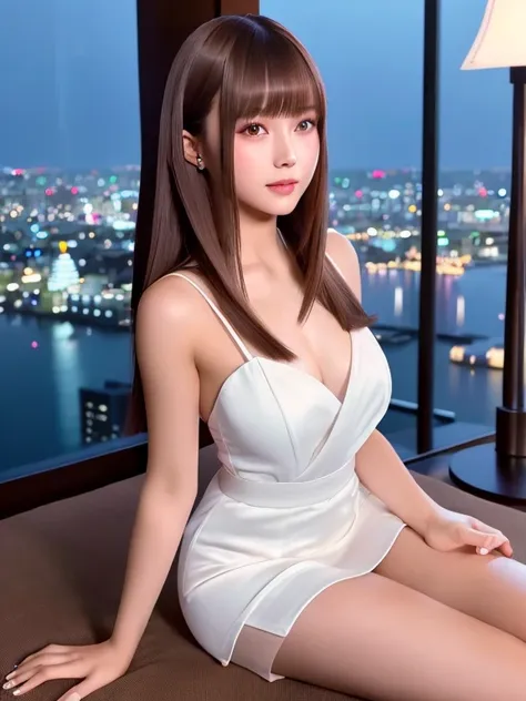 product quality, one girl per photo, full body shot, front view, young and pretty girl in japan, long bob hair, sitting alone on...