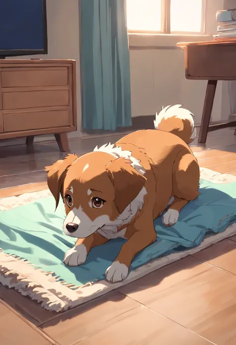 A small brown dog is lying on a blanket on the floor, fluffy, Sitting on the bed, Beasts, Shot on Sony Alpha 9, fluffyの体, オレンジ色のfluffyのお腹, detailed!!, Cute dog, fluffyの太い尻尾, highly detailed!!, Crawling towards the camera, 柔らかくてfluffy, hyper detailed!!, hig...