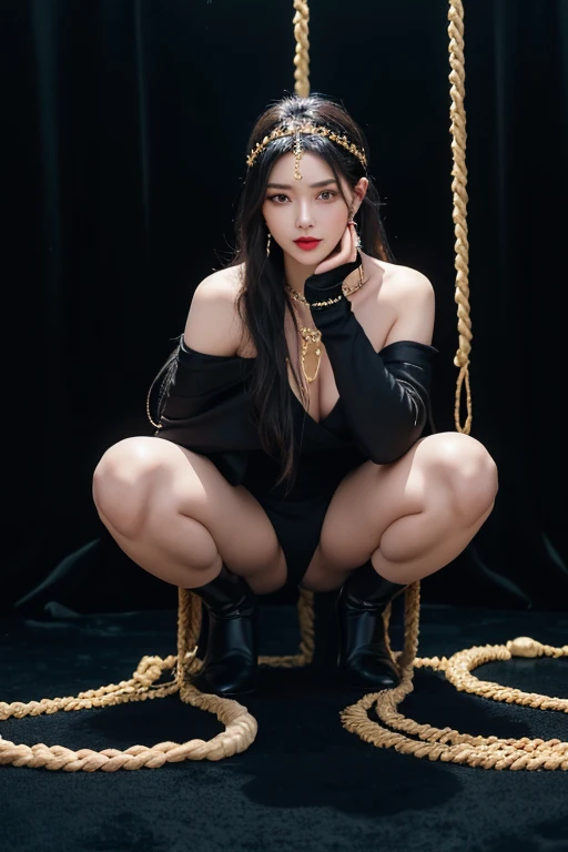 Adult women、luxury、Black retro dress、Less skin exposure、rich、hemp rope、Gold chain、Black Accessories、Black headdress、Crossing your legs、Correct posture、Condescending attitude、Cold、chilly、Dark lips,((squatting)),spread legs
