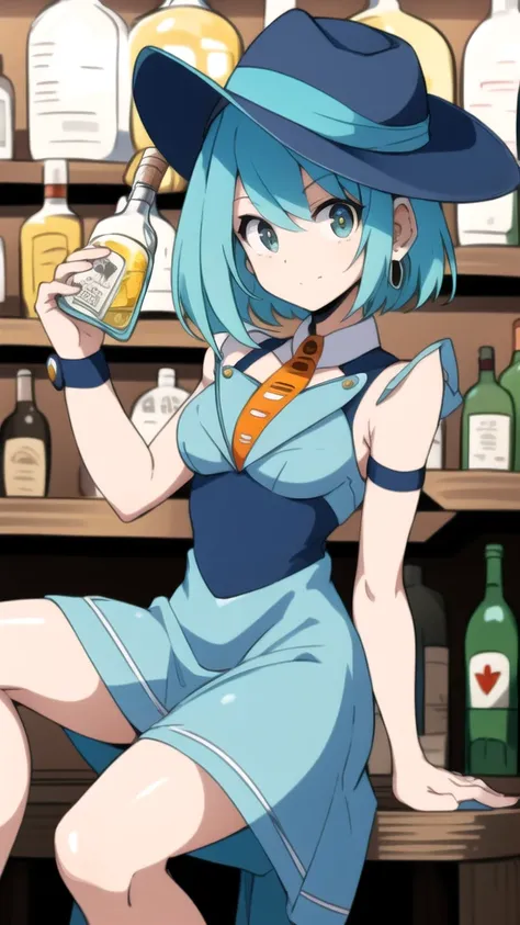 RiCO MegamanXD, 1 girl, looking at viewer, sitting on a stool, leaning on a bottle of tequila in her hand, cowboy dress, cowboy hat, watch on right arm