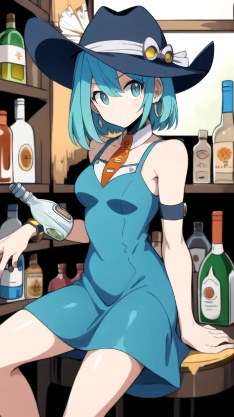 RiCO MegamanXD, 1 girl, looking at viewer, sitting on a stool, leaning on a bottle of tequila in her hand, cowboy dress, cowboy hat, watch on right arm