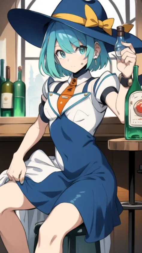 RiCO MegamanXD, 1 girl, looking at viewer, sitting on a stool, leaning on a bottle of tequila in her hand, cowboy dress, cowboy hat, watch on right arm