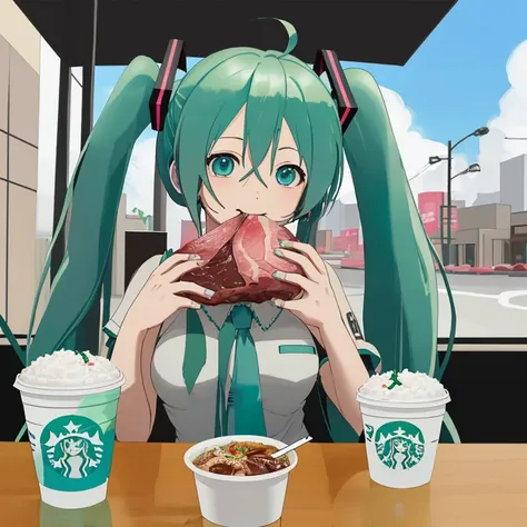 Hatsune Miku eating extra large beef bowl at Starbucks