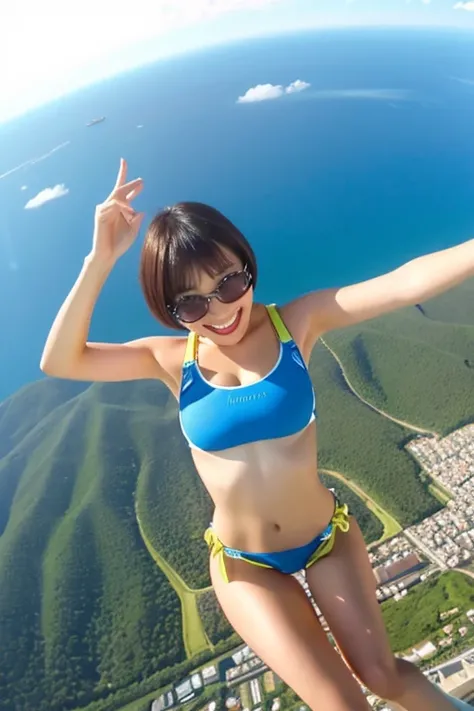 A beautiful Japanese woman in her late 20s with a bob cut is skydiving in the sky４０００Meters、She is sensual、Micro Bikini、Very sexy swimsuit、She has her arms and legs spread wide and is having so much fun.！
