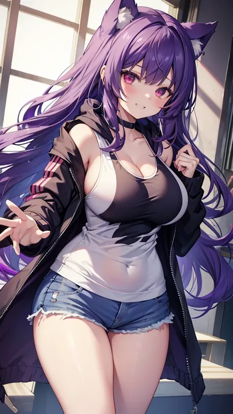 Wolf Girl, Large Breasts, Voluminous purple hair, masterpiece , Red eyes, hd, Thick thighs, Head to Chest, buried in my chest、Double teeth、tooth、Tank top、Chubby、Grinning、Shorts、hoodie、