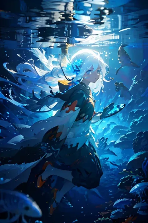 (Pieces fly), (highest quality), Very detailed, 1 girl, Solo full body shot, Perfect Face, beautiful girl, Very detailed顔，(Long white hair:1.5)，(blue eyes:1.4)，(Floating Hair:1.4)，(Underwater:1.4)，sink，Fish school，Light，jellyfish，Seaweed，Red fish，Yellow fi...