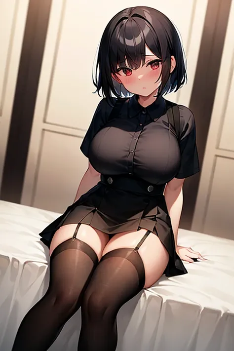 highest quality、Masterpiece、Black Hair、Bobcut、Looking at the audience、suspenders、bulging big breasts、Sheer　Slightly 0.8　Shy 、Blushing、Black mini skirt　garter belt　Black knee-high socks、beautiful、sight、Black boots 、one person 、Dress shirt
