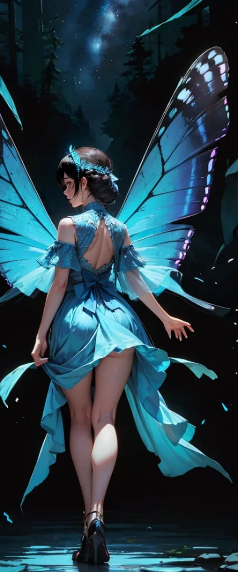 ((masterpiece, highest quality, Highest image quality, High resolution, photorealistic, Raw photo, 8K)), ((Extremely detailed CG unified 8k wallpaper)), A lone blue butterfly fluttering in the starry sky, Huge butterfly wings from the back, (blue glowing w...