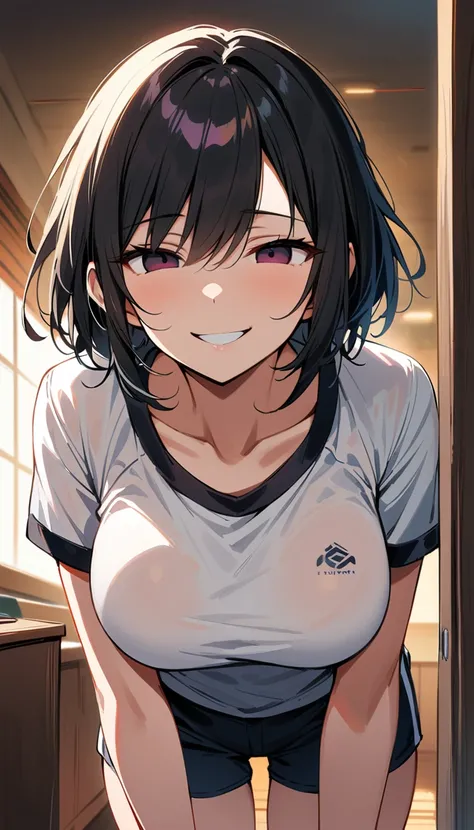 masterpiece, best quality, highres,st1, short hair, black hair, empty eyes, solid eyes, wolf cut, wristwatch, gym outfit, shorts, collarbone, large breasts, cowboy shot, leaning forward, creepy smile