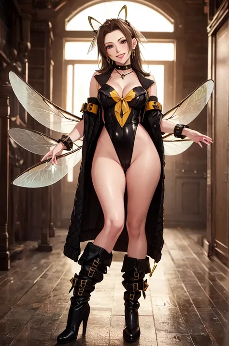 sfw, cartoon, aerith gainsborough reimagined as a horny girl in honeybee costume frome final fantasy 7, full body, (masterpiece, best quality), beautiful face, (22yr old, beautiful girl, solo:1.1),brown_hair ,long_hair, pixiv, evil smile, sadistic, erotic ...