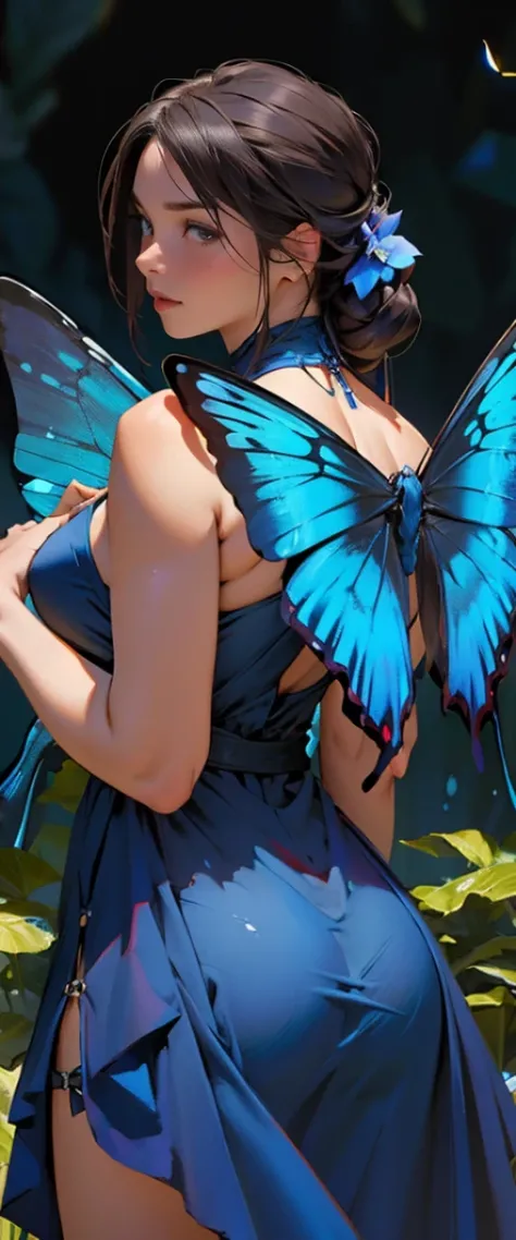 ((masterpiece, highest quality, Highest image quality, High resolution, photorealistic, Raw photo, 8K)), ((Extremely detailed CG unified 8k wallpaper)), A lone blue butterfly fluttering in the starry sky, Huge butterfly wings from the back, (blue glowing w...