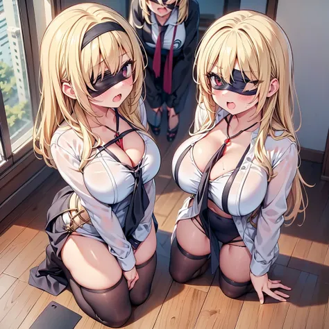 highest quality,wonderful,finely,extremely detailed CG Unity 8K wallpaper, (3 girls, Stand in line:1.3), (blonde, clothed), (huge breasts:1.2), (all fours:1.3), (open mouth:1.1), (long tongue:1.1), (mouth drool:1.1), (black stockings:1.1),(Thighs:1.1),(Wai...