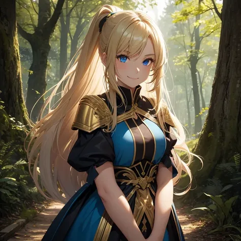 Girl,blond and straight and long hair in a ponytail, huge , blue eyes, leaning to a tree in a forrest, big smile, thight dark fighting dress with gold decorations,  very visible, half naked, age of 25