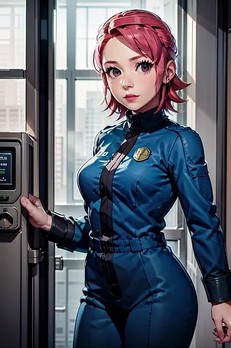 mayl sakurai reimagined as a vault dweller in vault doing maintenance, pipboy, pink hair, 26year old, vault dweller jumpsuit,mil...