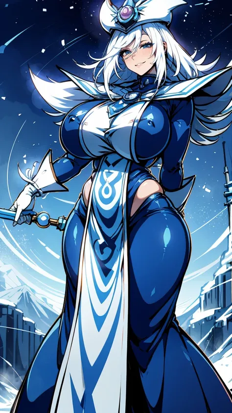 Silent magician, ropa apretada, poca piel visible, ((  ruborizada, sonrisa)),  pelo largo, cabello blanco, (( white hair)), curvy body, chubby girl, gigantic sagging breast , monstruo de duelo, Iparuputsua, magic world background, mundo medieval .