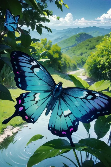 Blue Butterfly、blue sky、View from the summit、Trees wet with morning dew