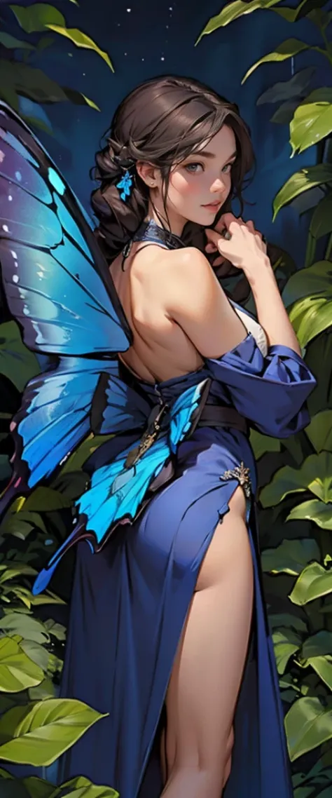 ((masterpiece, highest quality, Highest image quality, High resolution, photorealistic, Raw photo, 8K)), ((Extremely detailed CG unified 8k wallpaper)), A lone blue butterfly fluttering in the starry sky, Huge butterfly wings from the back, (blue glowing w...