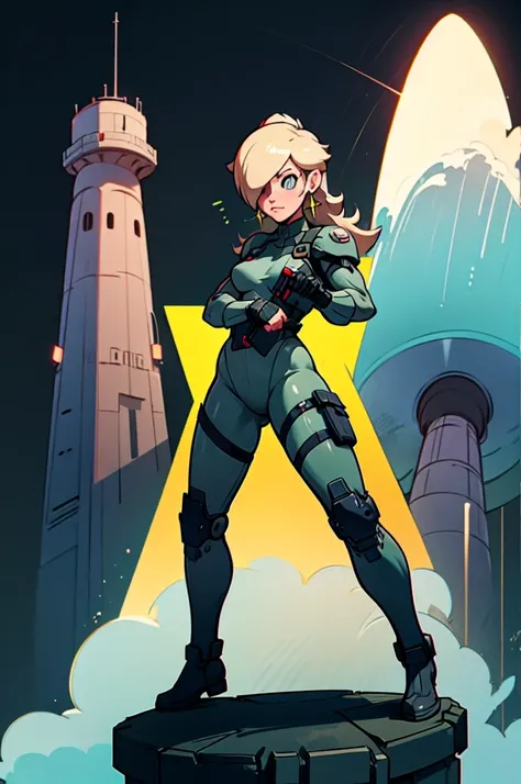 rosalina reimagined as a female solide snake frome metal gear solid, full body, action pose, on infiltration scene, tactical gear, military base background, radio tower background, science fiction background, futuristque background ,