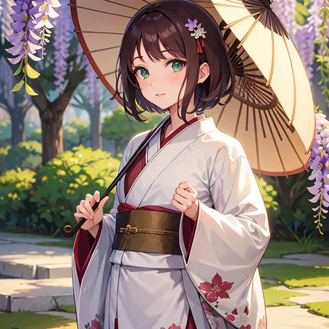 wisteria flower，brown hair，short hair，japanese umbrella，japanese clothing，green eyes