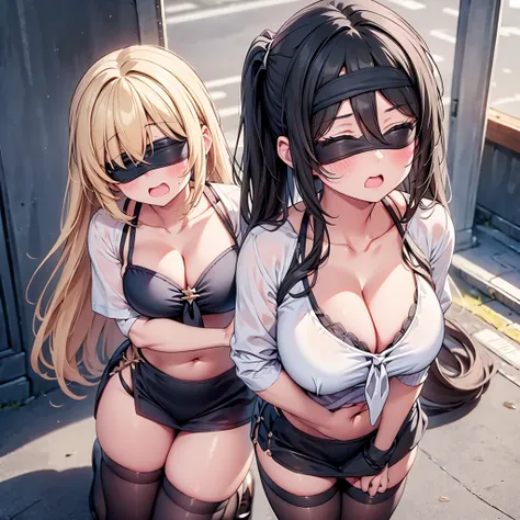 highest quality,wonderful,finely,extremely detailed CG Unity 8K wallpaper, (Stand in line:1.2), (3 girls, cute eyes, Black Hair, side ponytail, clothed), (sparkling eyes:1.2), (huge breasts), (wariza:1.4), (cleavage), (midriff peek:1.2), (open mouth:1.1), ...