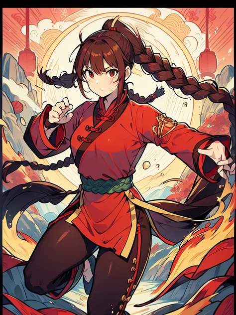 lei kugo live a live, qipao, chinese clothes, traditional clothes, action pose, full body, brown hair, braided hair, scars on fa...