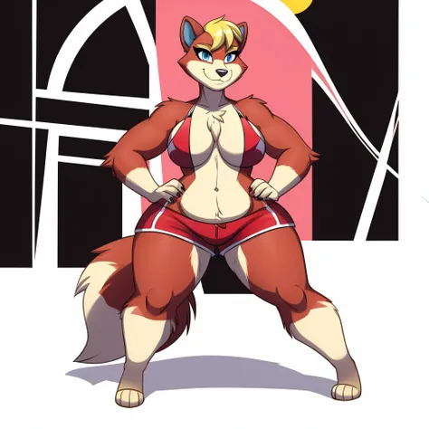 A Sexy black Anthro skunk wearing red shorts and has thick sexy thighs, [Minerva Mink style, Anthropomorphic mink, female, heterosexual, young adult (likely early 20s), model and actress, loves flaunting her body and attracting mens gazes] standing on a So...