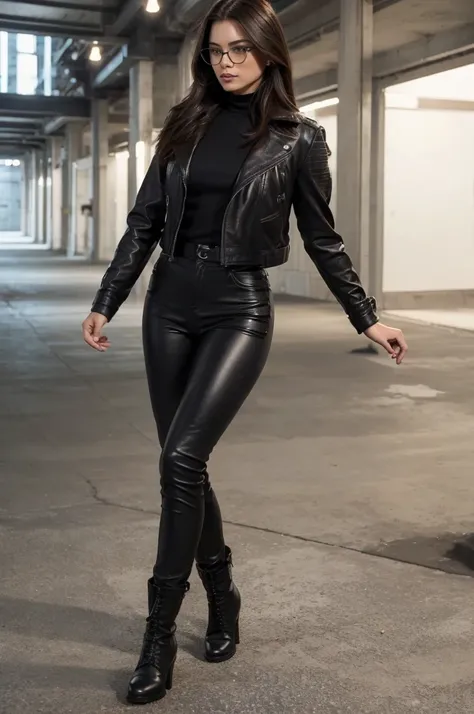 a beautiful female secret agent in action, she has long dark brown hair, she's wearing a leather outfit: a black leather jacket,...