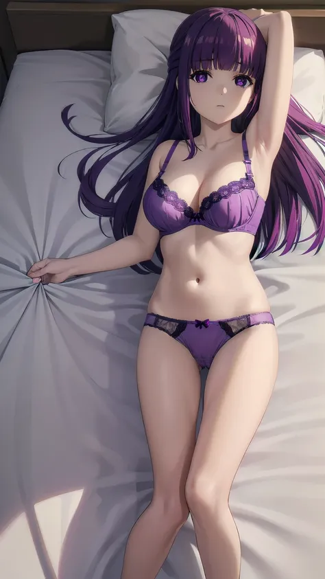 (((Pixel Perfect, Perfect detail))), One Girl, alone, from above, Fern, Long Hair, bangs, (Purple eyes:1.1), Purple Hair, Side Lock, blunt bangs, (Bright Eyes:1.5), Half Up, (bra:1.3),  (I can see her panties:1.3), (Lying in bed:1.3), indoor, whole body