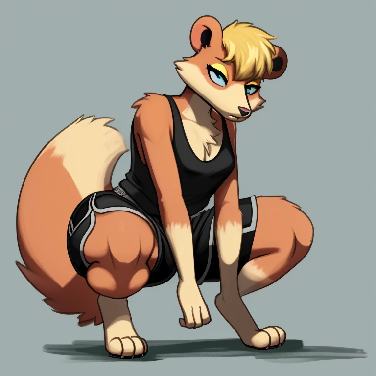 white anthro mink, masterpiece, high quality, crisp, clean, thick thighs, wearing black shorts, squatting down, bored expression...