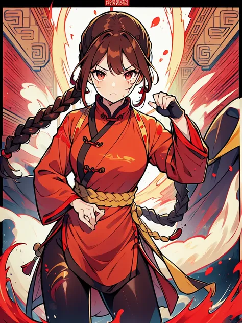 lei kugo live a live, qipao, chinese clothes, traditional clothes, action pose, full body, brown hair, braided hair, scars on fa...