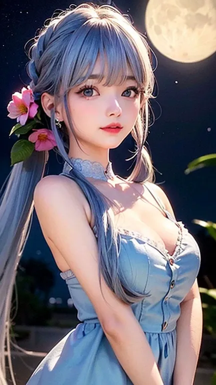 Large breasts、(high quality, masterpiece), One Girl, Twin tails、stop temporarily, particle, Wind, flower, Upper Body, Simple Background, View audience, , milky way,smile、Turquoise Eyes、（Long silver and light blue hair）、Red eyeshadow、Light pink lipstick、flo...