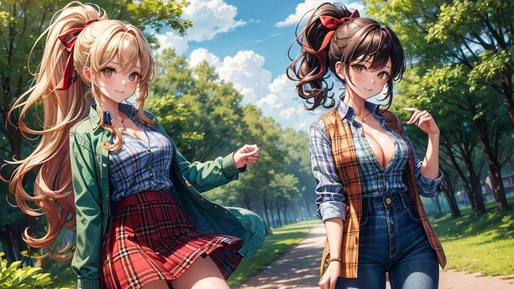 1girl, full body, summer, village, trees, sun, clouds, ((colorful hair)), long hair, curly hair, ponytail, large breasts, button down shirt, ((green checked shirt)), ((unbuttoned shirt)), unbuttoning buttons, popping buttons, cleavage 1:3, brown eyes, ((op...